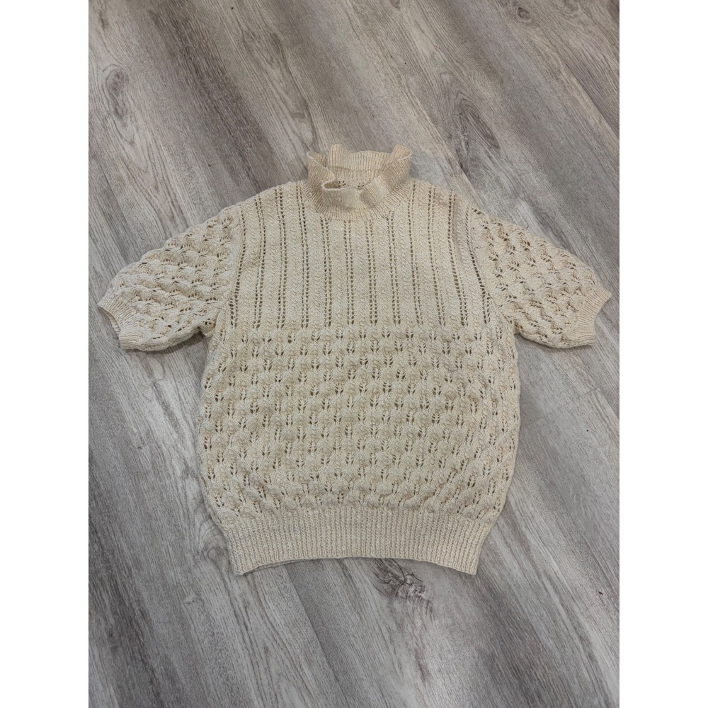 Vintage Hand Knit XSP Short Sleeve Sweater Pointelle Ruffle Neck Cottagecore